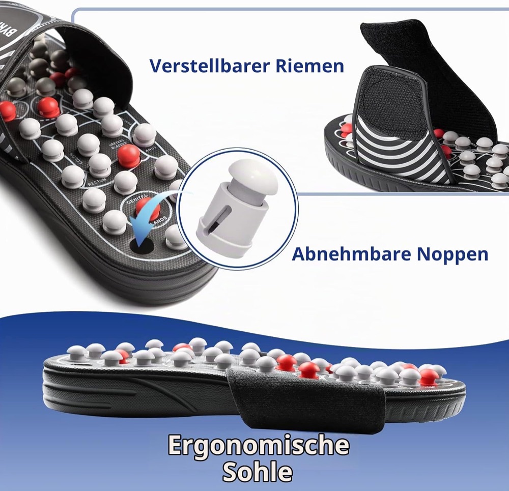 Detailansicht: verstellbarer Riemen, abnehmbare Noppen und ergonomische Sohle